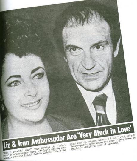 US tabloid titles "Liz Taylor and Ardeshir Zahedi Very Much in Love"