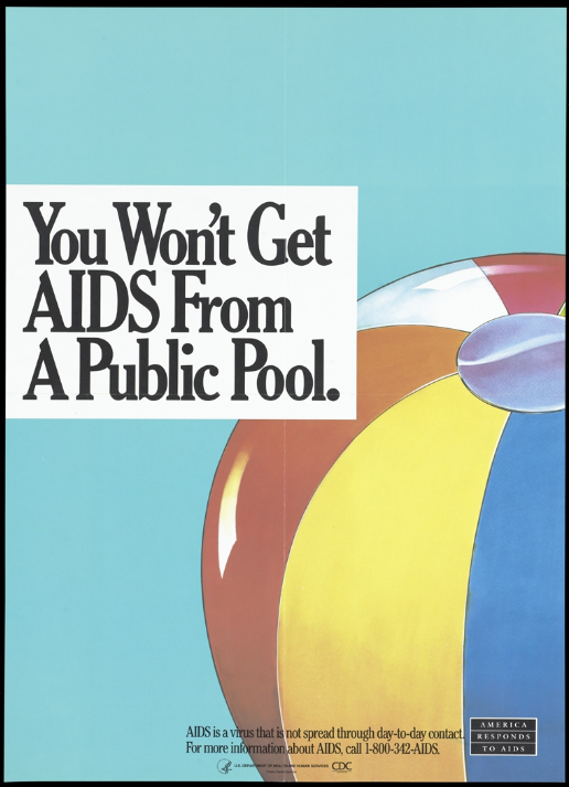 A ball with a message indicating that AIDS is not transmitted in public swimming pools; a poster from the ‘America Responds to AIDS’ advertising campaign. Colour lithograph, c.1990s.