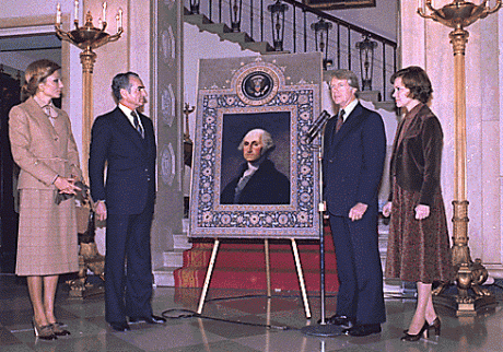 pictory: Shah and Shahbanou Offer Carter a tapestry of George Washington (1977)