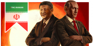 Drawing of Putin of Russia Xi of China with the Iranian flag