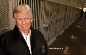 Trump as a prison and jail warden, standing in front on prison cells